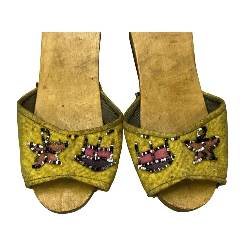 Vintage Wooden Slide Mules Beaded Vamp Folk Art Painted Sole Size 6 - Picture 2 of 9
